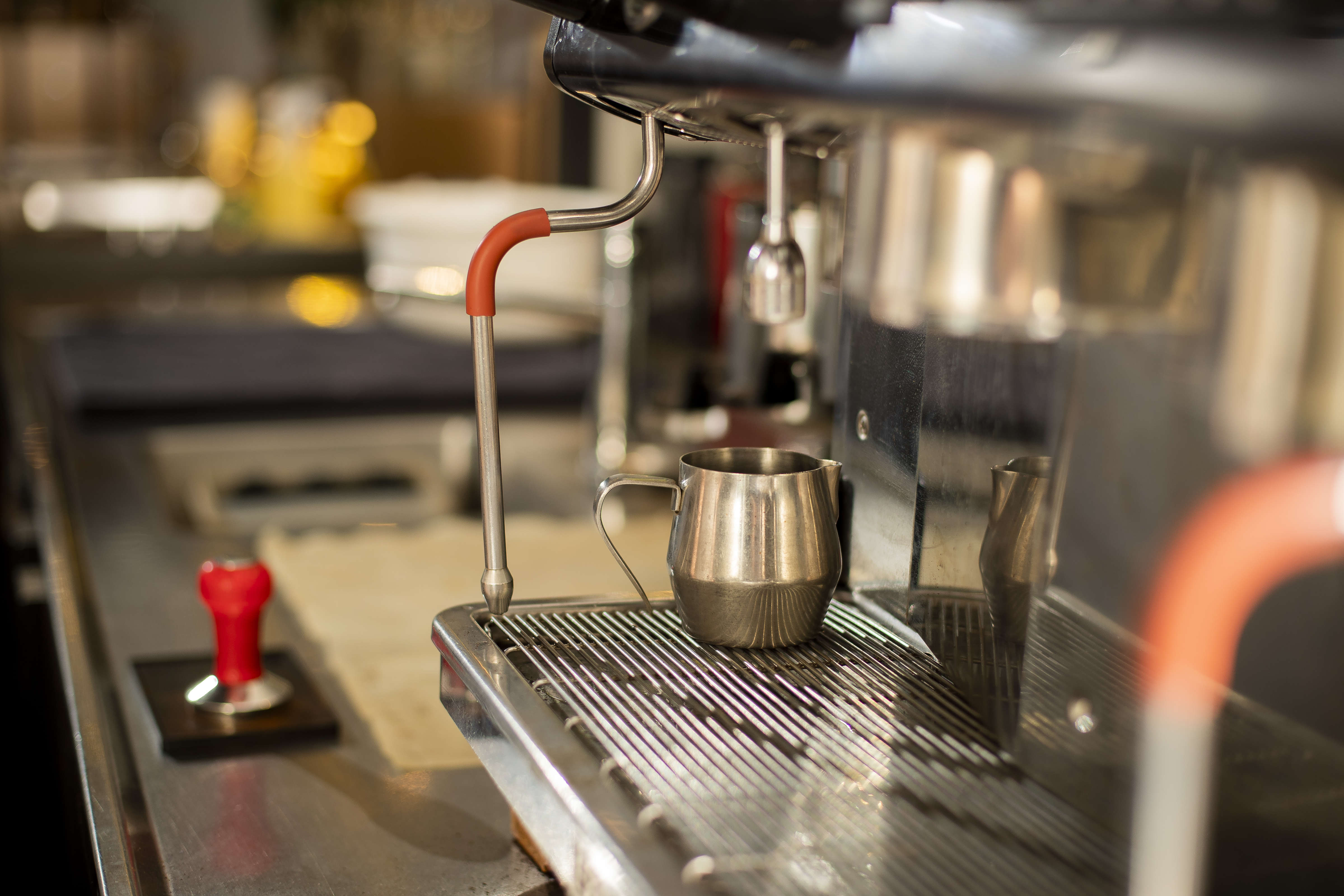 Close-up of The Pickled Pear’s espresso machine and milk jug. Photo: Richard Jupe.